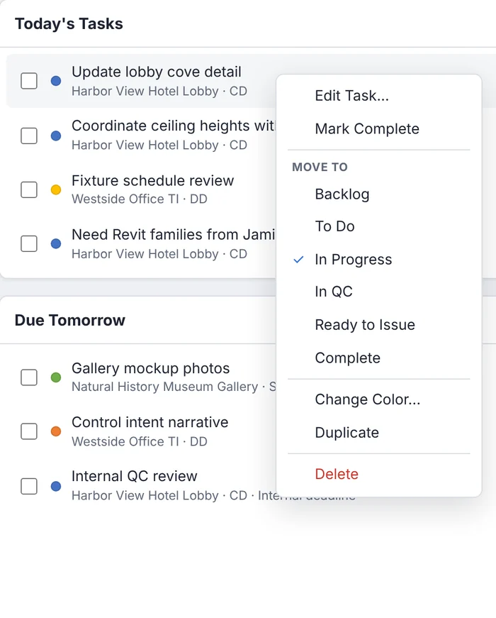 Right-click menu on a task with Edit, Mark Complete, Move To, Change Color, Duplicate, and Delete